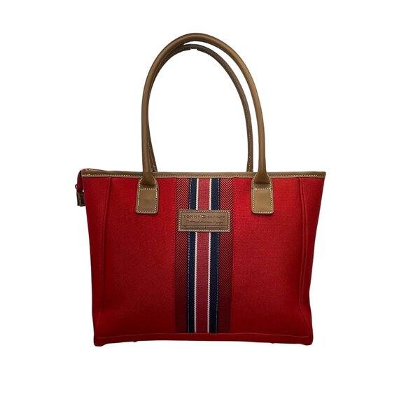 Tommy Hilfiger Women’s Red & Blue Canvas & Faux Leather Striped Accent Tote Bag - Picture 1 of 14